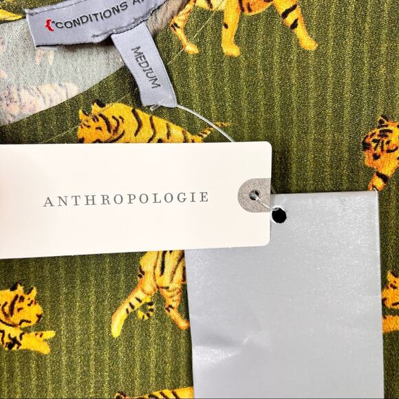 Anthropologie Conditions Apply Olive Green Tiger Print Ruffle Sleeve Dress - Picture 5 of 15